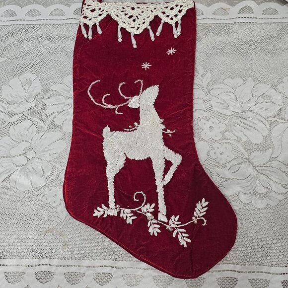 Red Velvet Christmas Stocking 18" handsewn ribbon reindeer lace beaded 2003 vtg - Picture 8 of 8